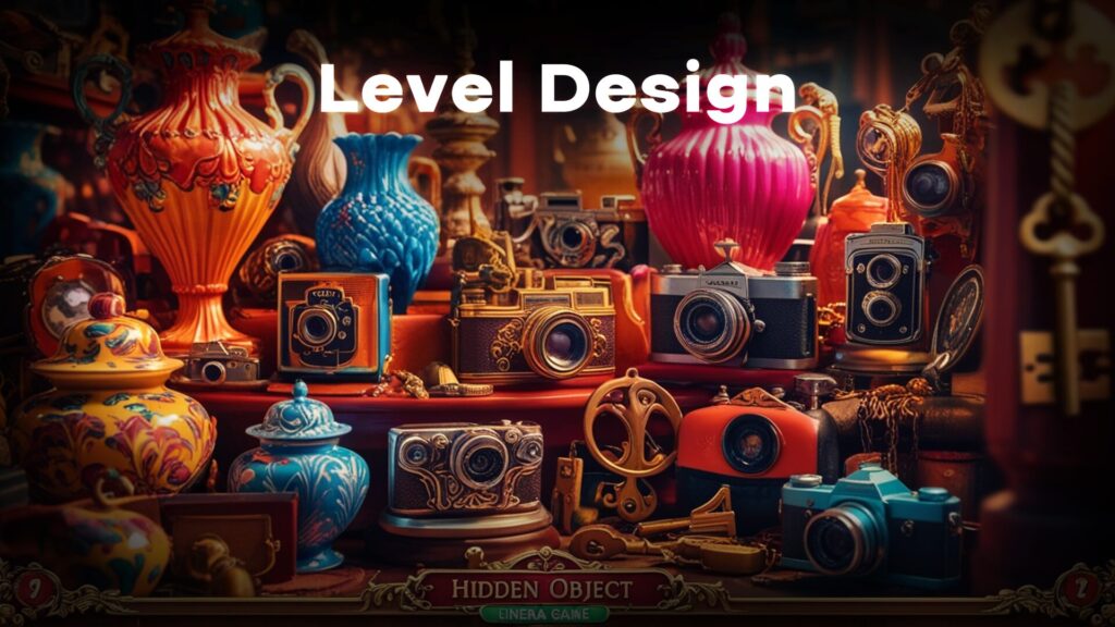 A detailed game level design featuring various items, illustrating the balance needed for a hidden object game