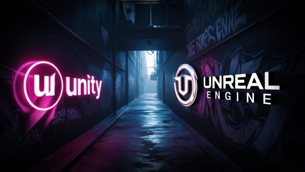 The Unreal Engine and Unity logos prominently displayed in a dimly lit alley, symbolizing game development choices