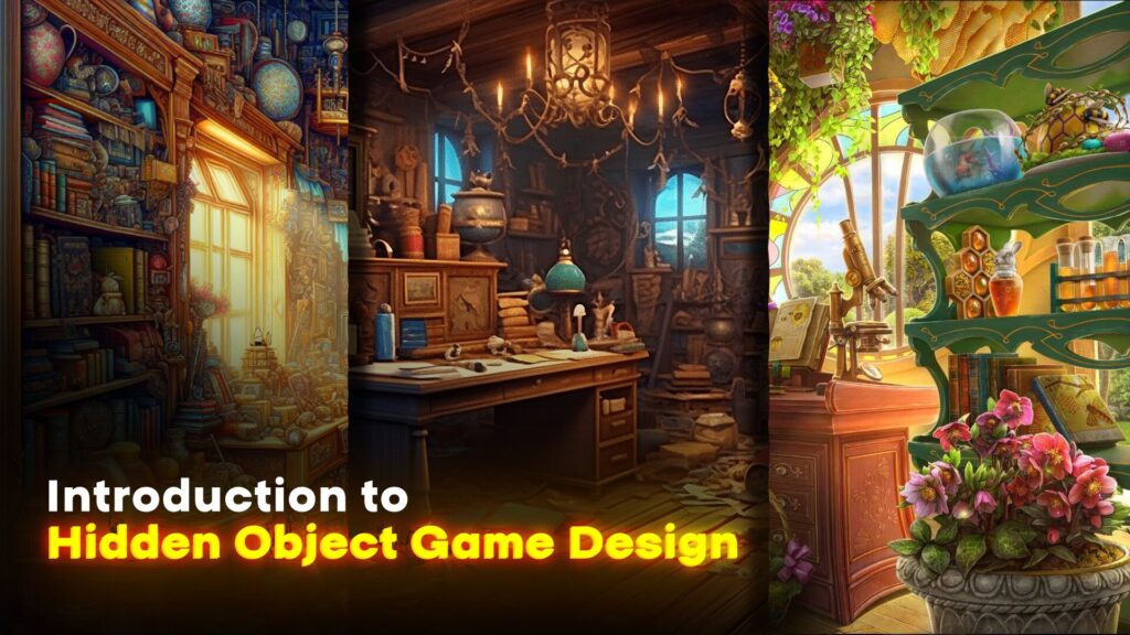 A creative design for a hidden object game, showcasing intricate scenes filled with cleverly concealed items for players to find.