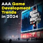 A large billboard displaying "Game Development Trends in 2014," highlighting high-budget games with advanced graphics
