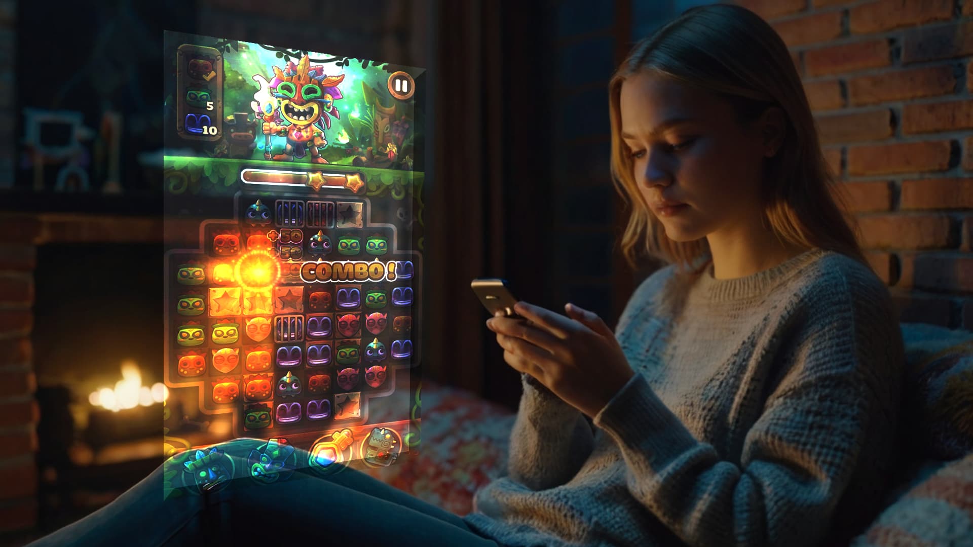 A woman relaxes by the fireplace, engrossed in her phone, embodying a cozy evening of engagement and connection