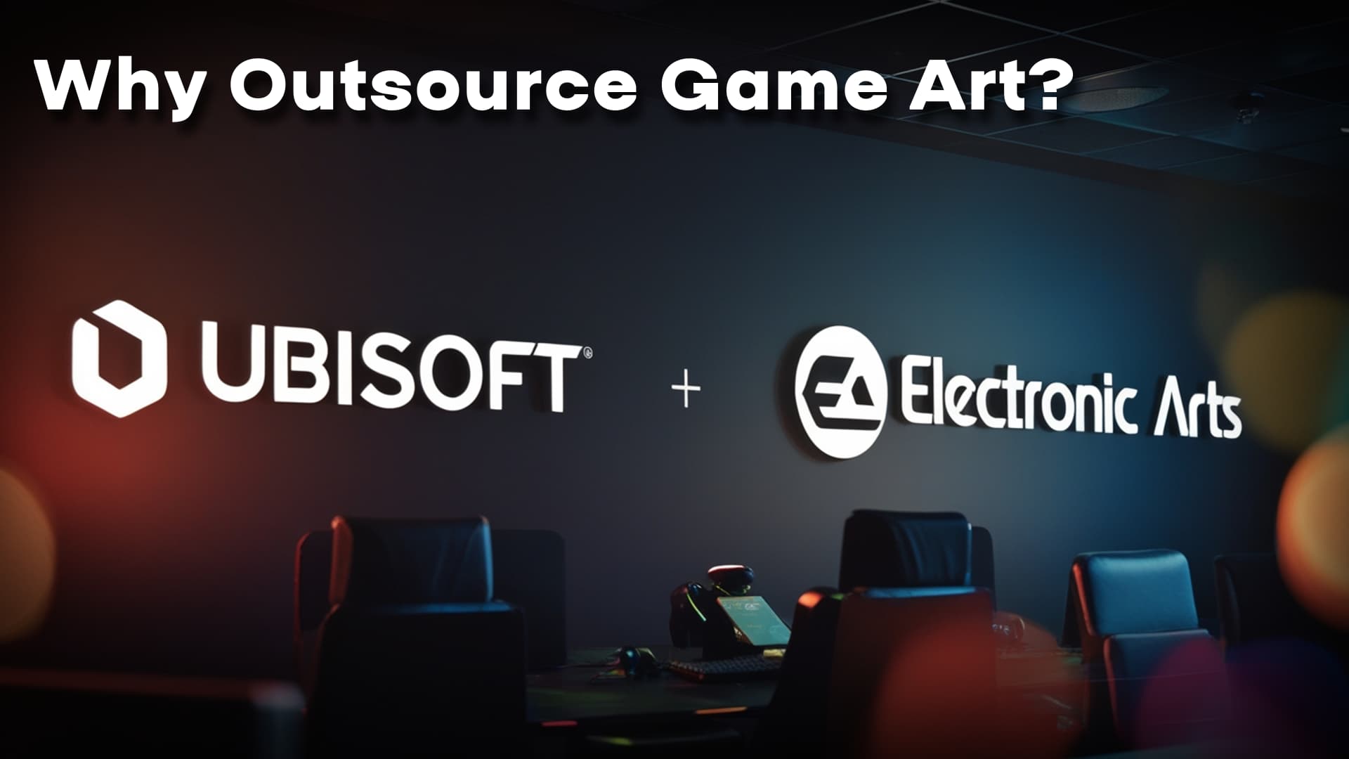 Image illustrating the benefits of outsourcing game art, highlighting studios like Ubisoft and Electronic Arts for high visual standards