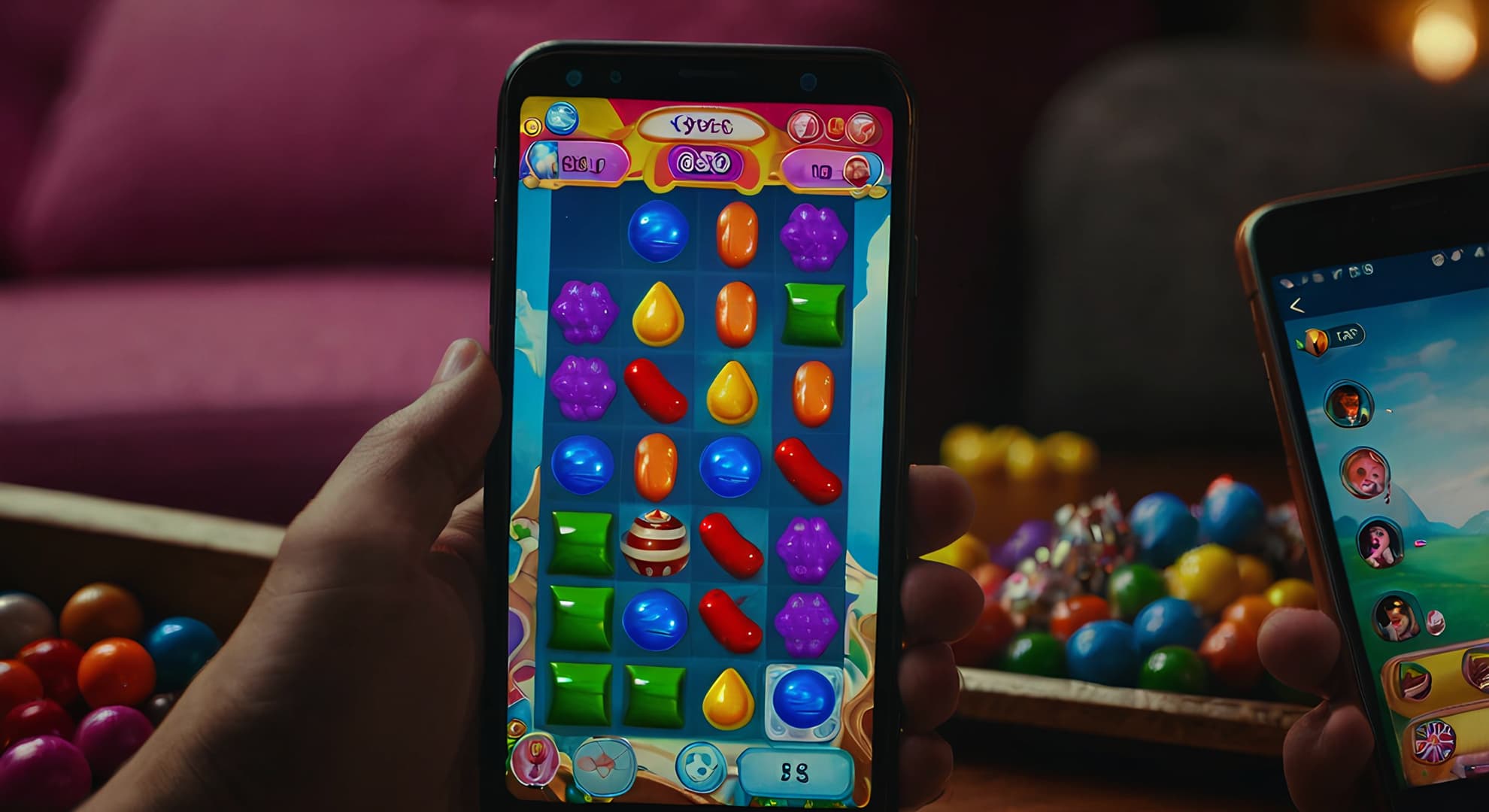Two people focused on their smartphones, each featuring the Candy Crush game, highlighting a shared gaming experience