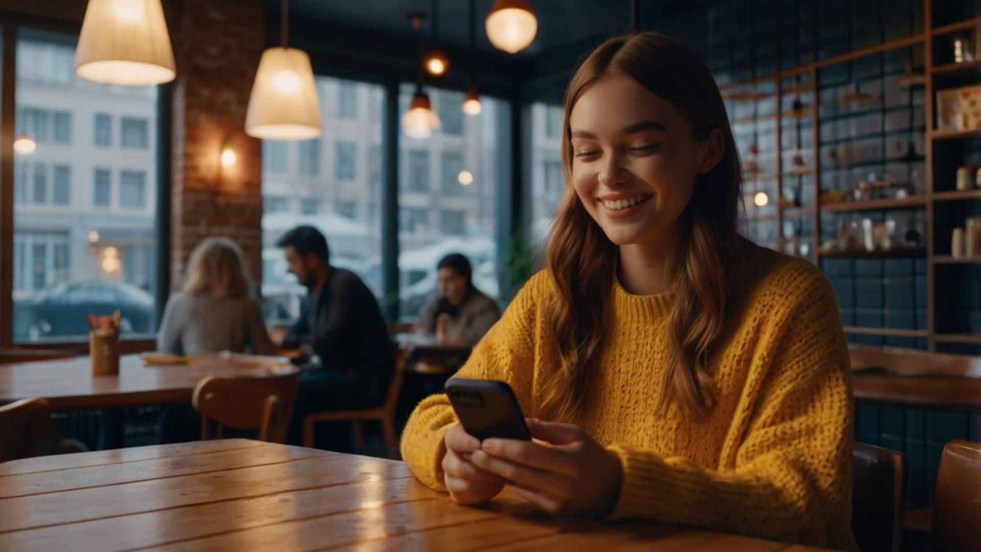 A woman smiles while using her phone in a restaurant, enjoying a quick and rewarding gaming session on her touchscreen device.