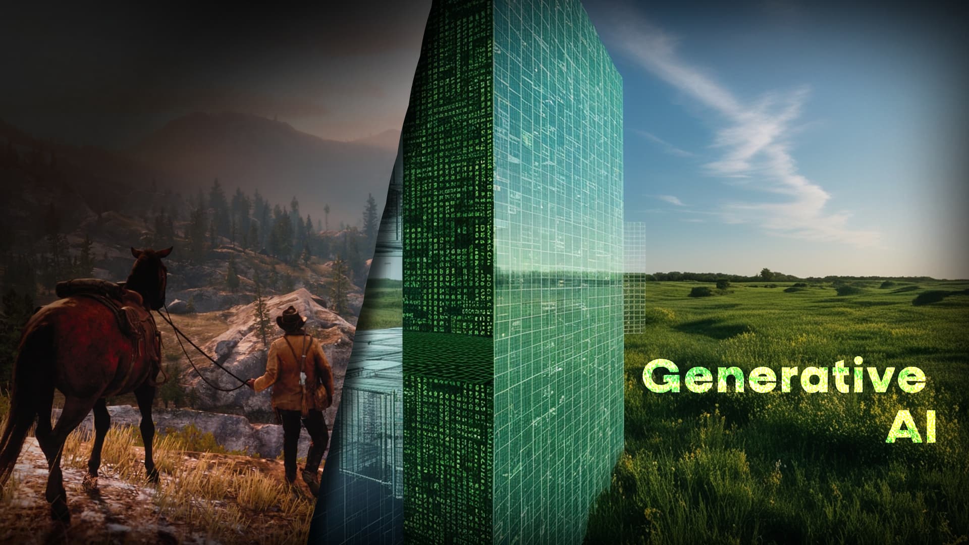 A man on horseback in a field on one side of the image, with a matrix displaying "Generative AI" on the other side, symbolizing its transformative role in game development.