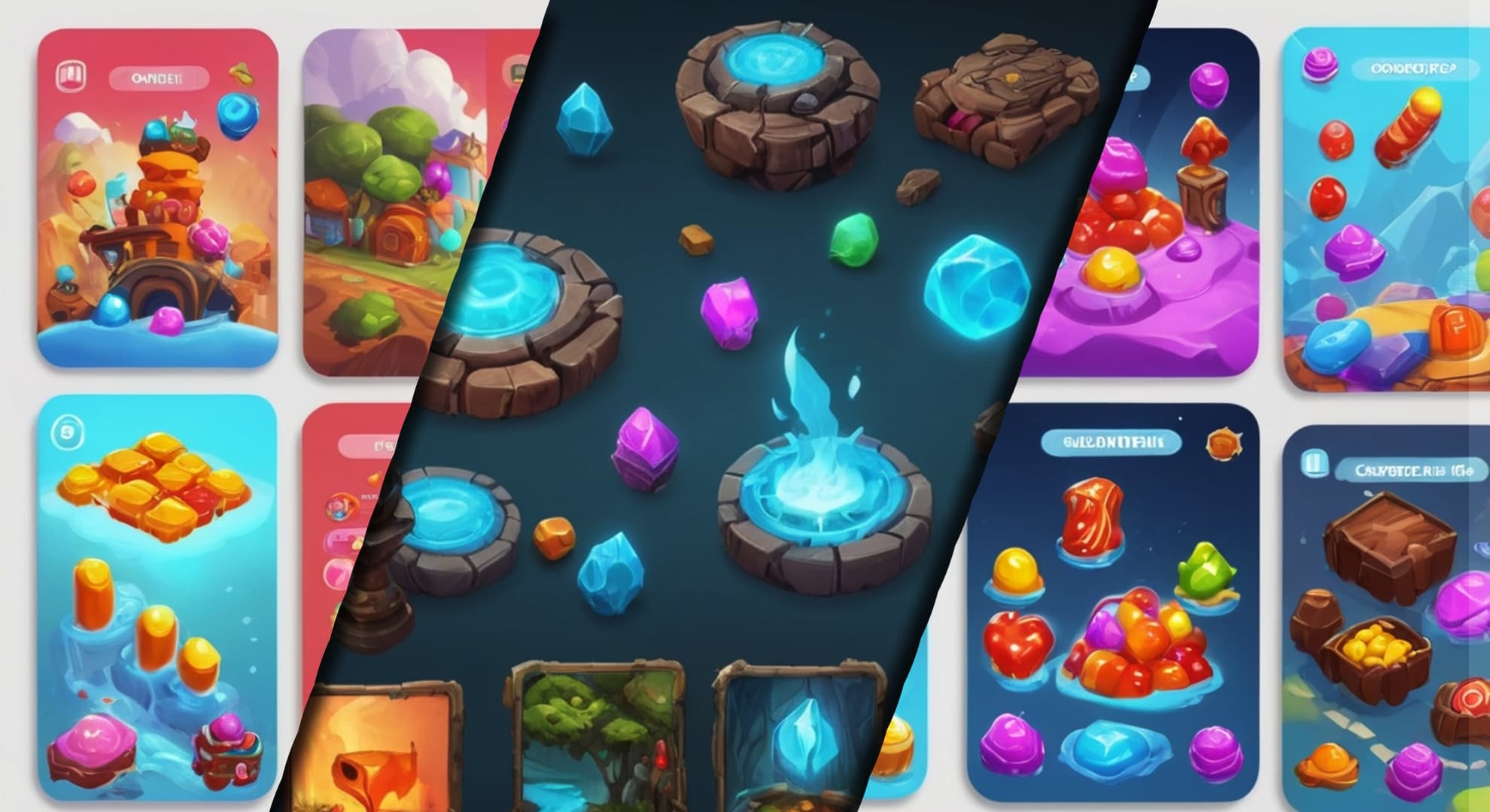 Multiple game screens displaying a variety of vibrant gems, each with unique designs and colors