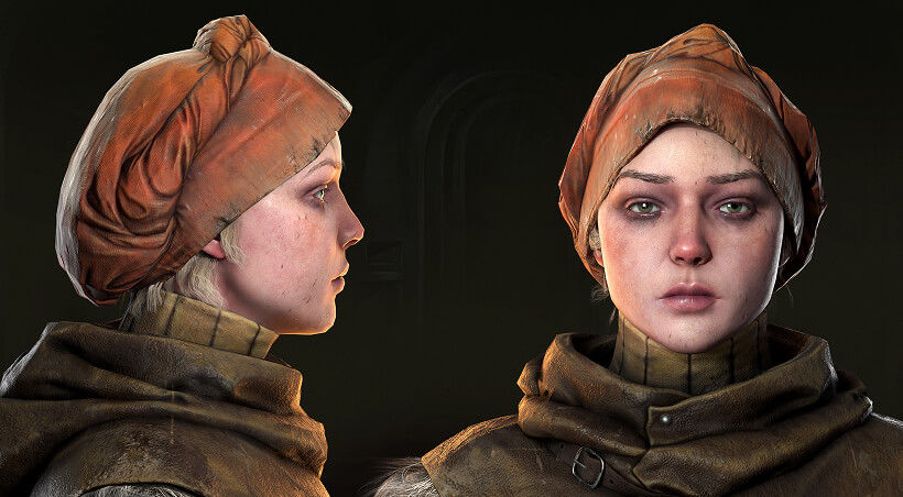 Realistic 3D female character model turnaround for dark fantasy RPG game development.