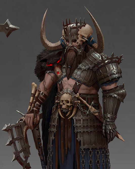 2D fantasy warrior with detailed dark wolf fur pelt grooming, showcasing professional hair and fur services for games.