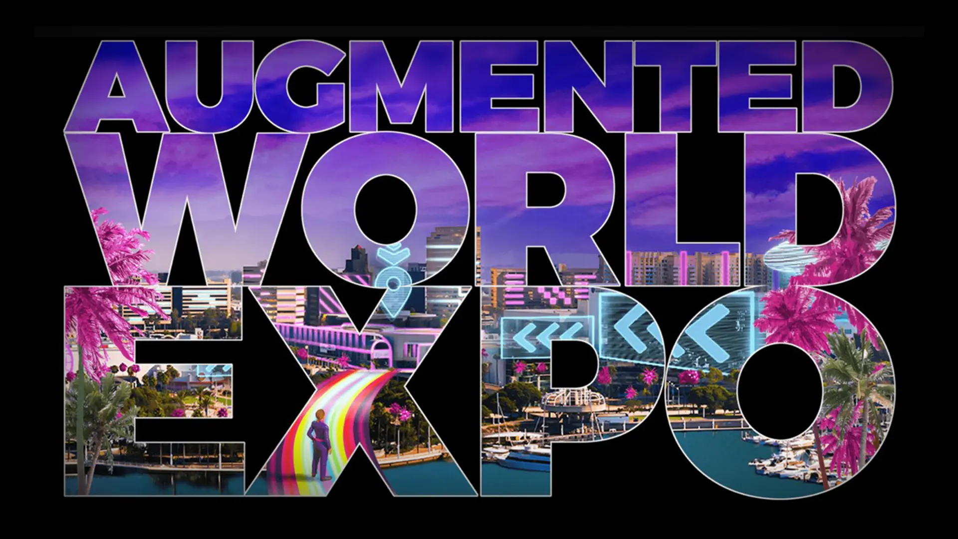 The words "AUGMENTED WORLD EXPO" in large, purple-gradient letters are filled with vibrant imagery of a futuristic cityscape featuring augmented reality elements, pink palm trees, and a waterfront, all set against a black background.