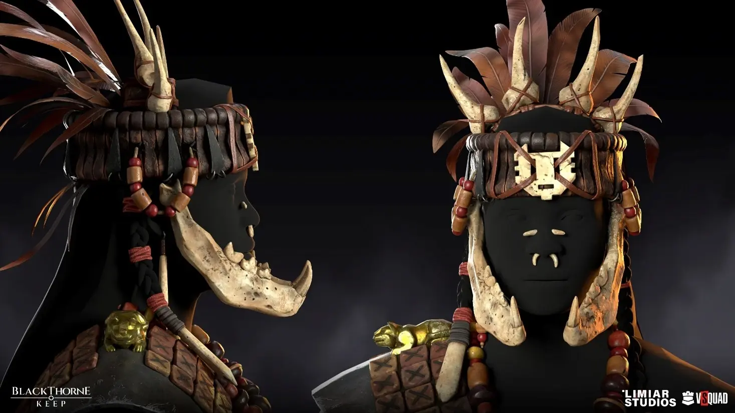 Two detailed 3D models of headdresses or masks. Both headdresses have a complex structure, including feathers, bone elements, beads and fabric or leather parts
