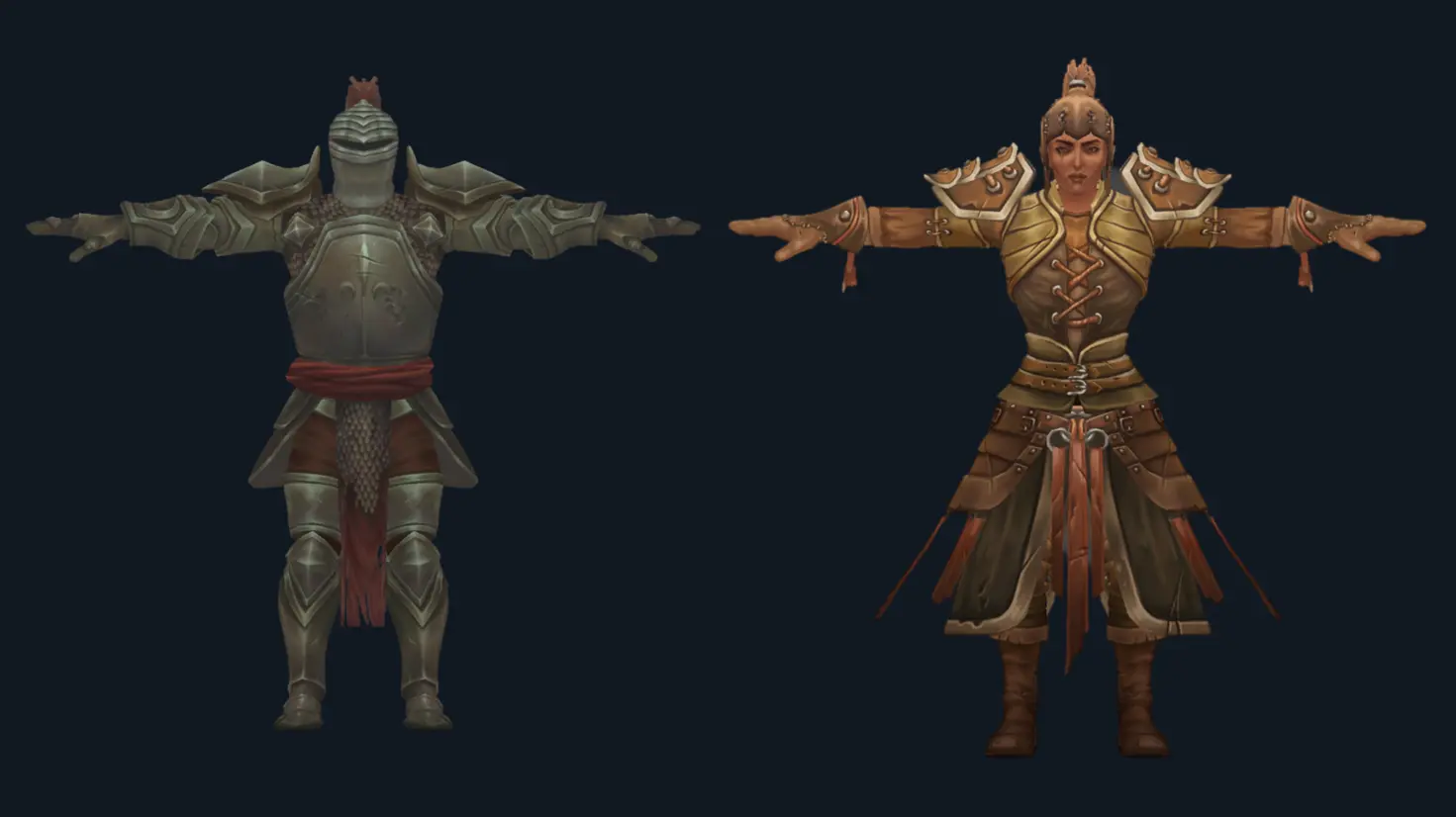 Model of a knight in full metal armor, with a red belt and fabric elements under the armor + a character model in lighter armor consisting of leather and metal elements