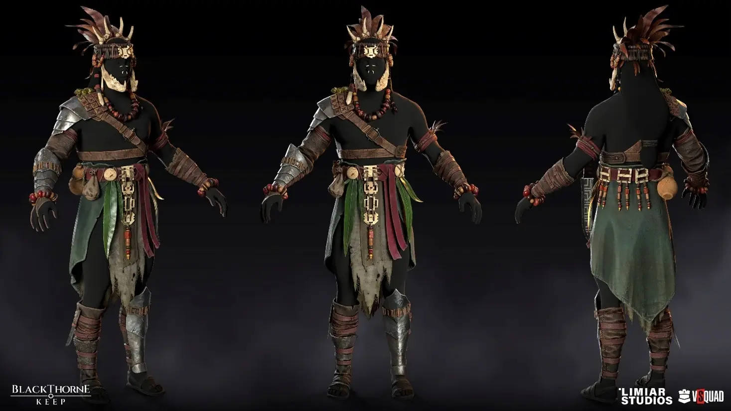 Three views of a 3D model of a character in a fantasy style. The character is dressed in a complex costume, including armor elements on the shoulders and legs, a loincloth, beaded jewelry on the neck and wrists, and a headdress with feathers.
