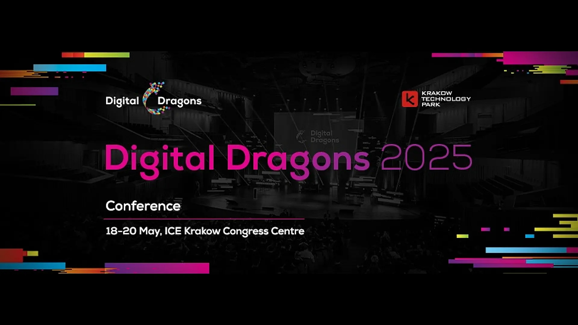 Promo image for Digital Dragons 2025 Conference (May 18-20, ICE Krakow Congress Centre) with event logos and text over a darkened conference hall with colorful digital accents.