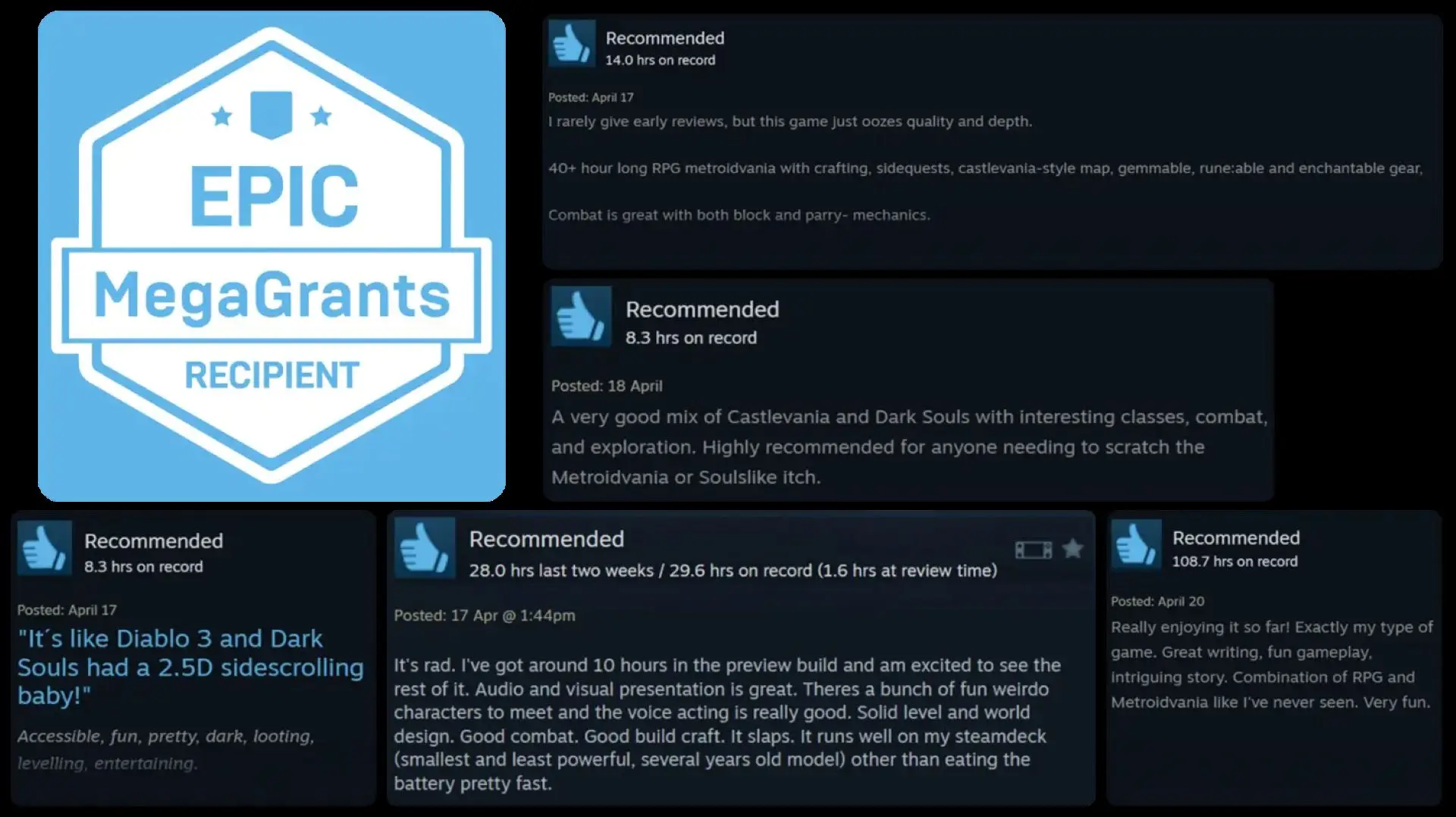 The "EPIC MegaGrants" logo with "RECIPIENT" written underneath it, surrounded by several screenshots of user reviews