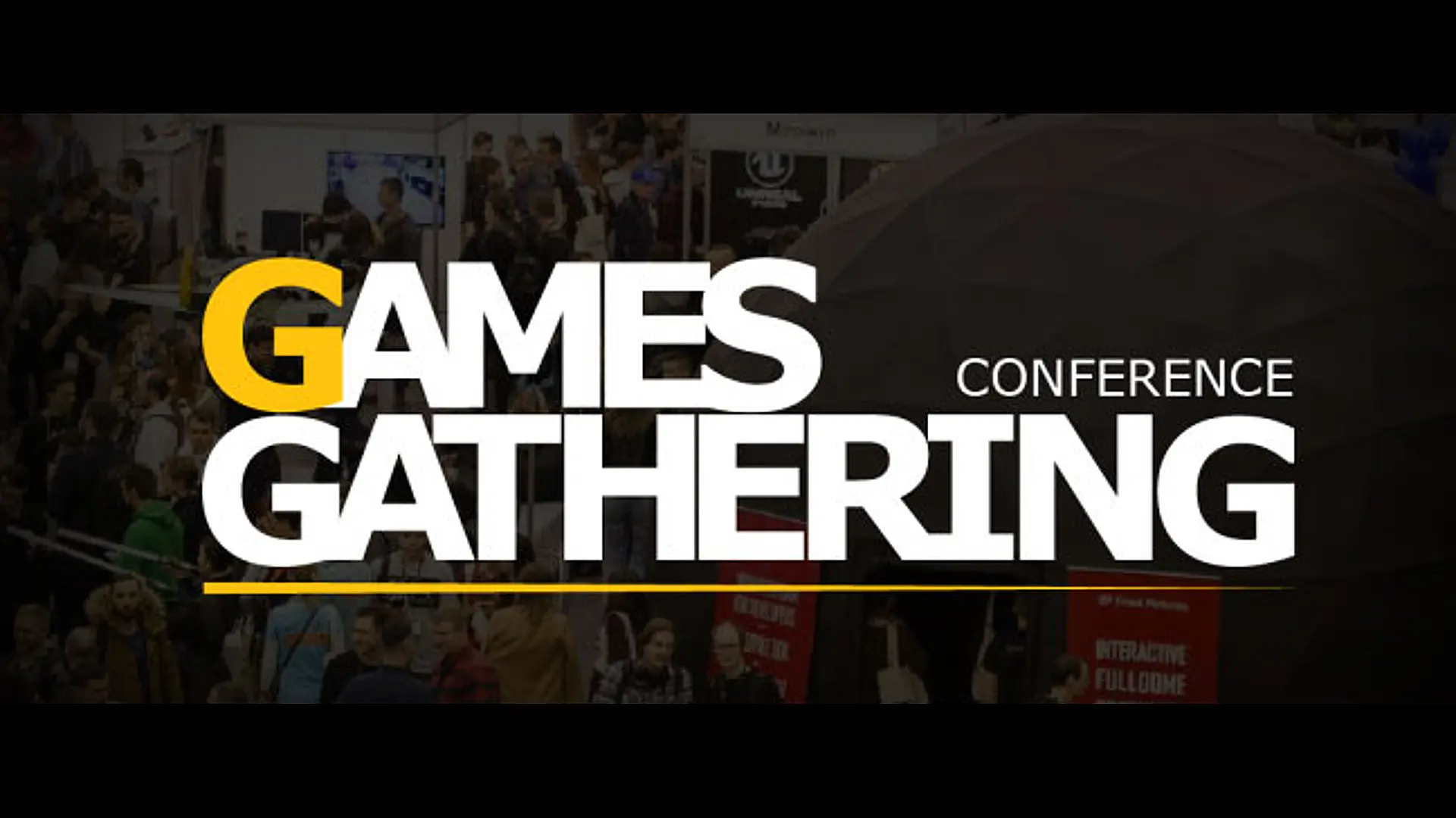 The "GAMES GATHERING CONFERENCE" logo, with a prominent yellow "G" and white text, is overlaid on a blurred image of a crowded conference hall.