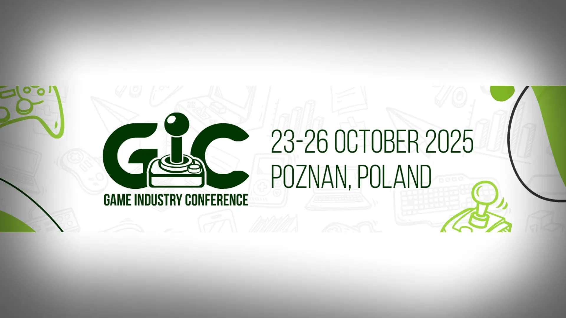 The GIC Game Industry Conference logo, featuring a dark green joystick icon, announces the event for October 23-26, 2025, in Poznan, Poland, against a white background with faint green gaming-related illustrations.