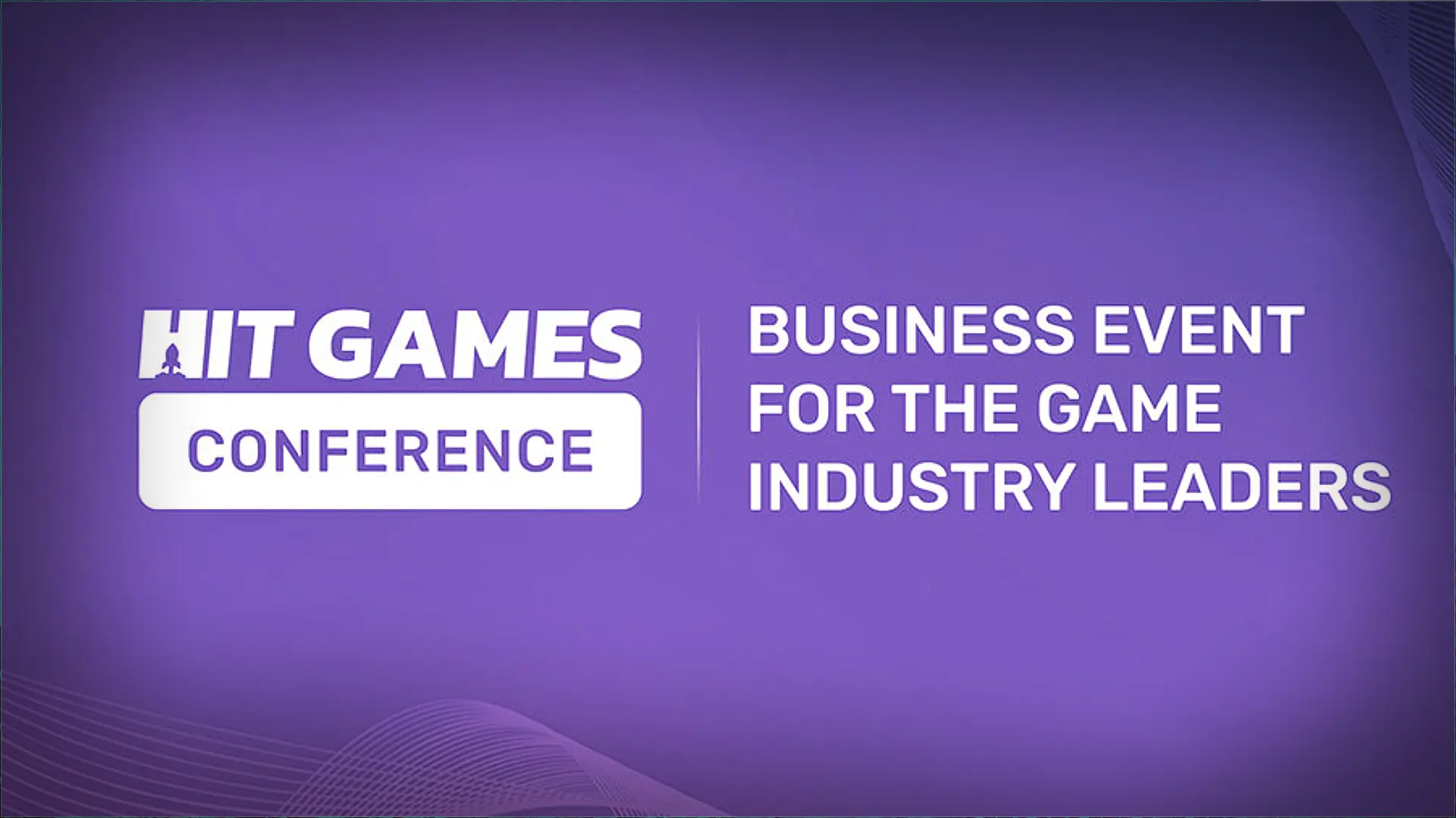 The "HIT GAMES CONFERENCE" logo, featuring a rocket icon and white text, is displayed alongside the tagline "BUSINESS EVENT FOR THE GAME INDUSTRY LEADERS" on a solid purple background with subtle wavy line accents.