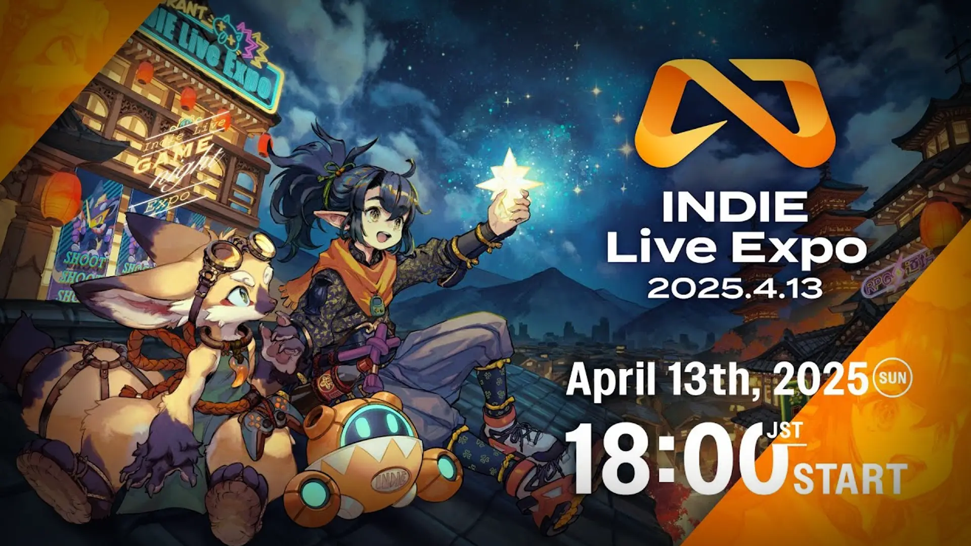 Indie Live Expo 2025 promotional artwork featuring anime-style characters with a fox companion and robot against a night cityscape, scheduled for April 13th, 2025 at 18:00 JST.