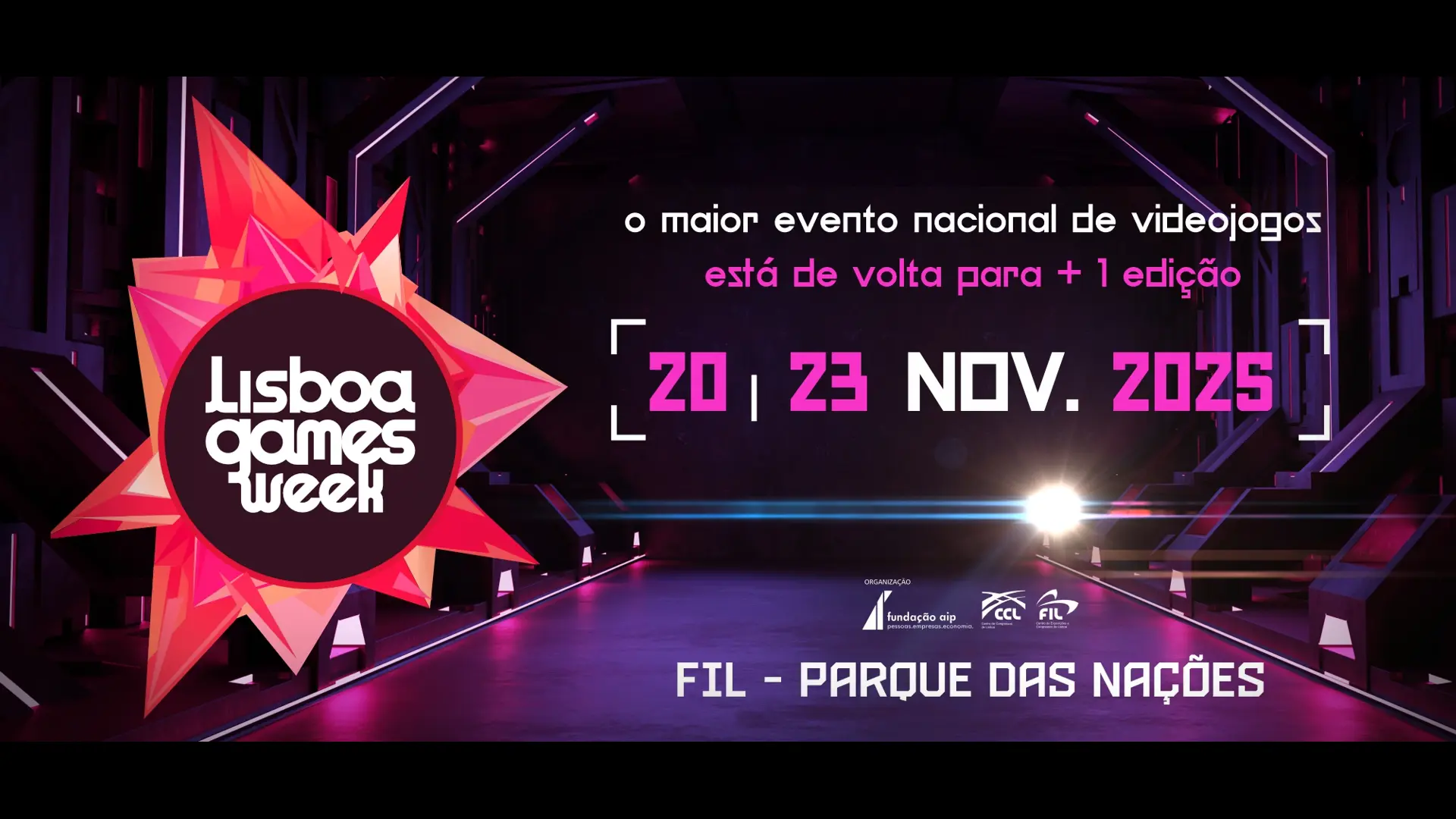 Lisboa Games Week 2025 promotional banner featuring event dates November 20-23 at FIL-Parque das Nações, described in Portuguese as "o maior evento nacional de videojogos está de volta para +1 edição" with a pink star-shaped logo.