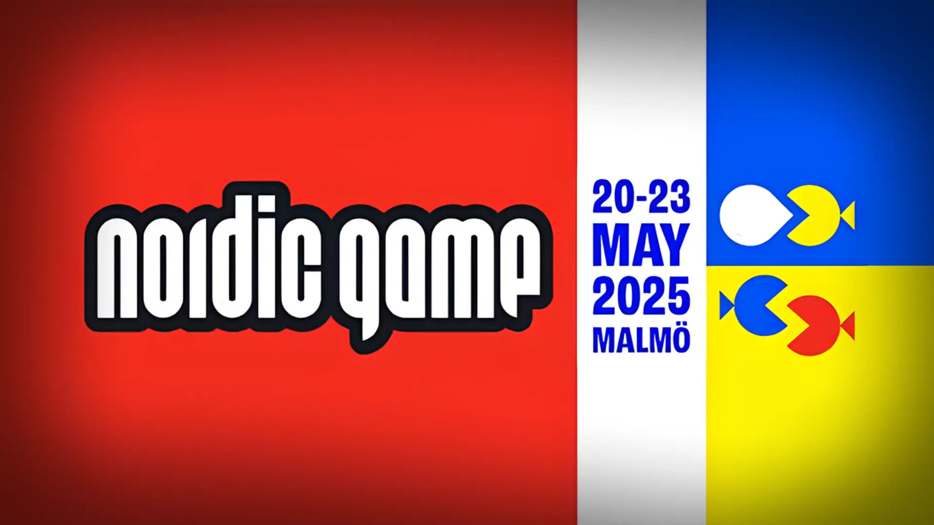 Nordic Game logo on red background with event dates 20-23 MAY 2025 MALMÖ and colorful fish icons.