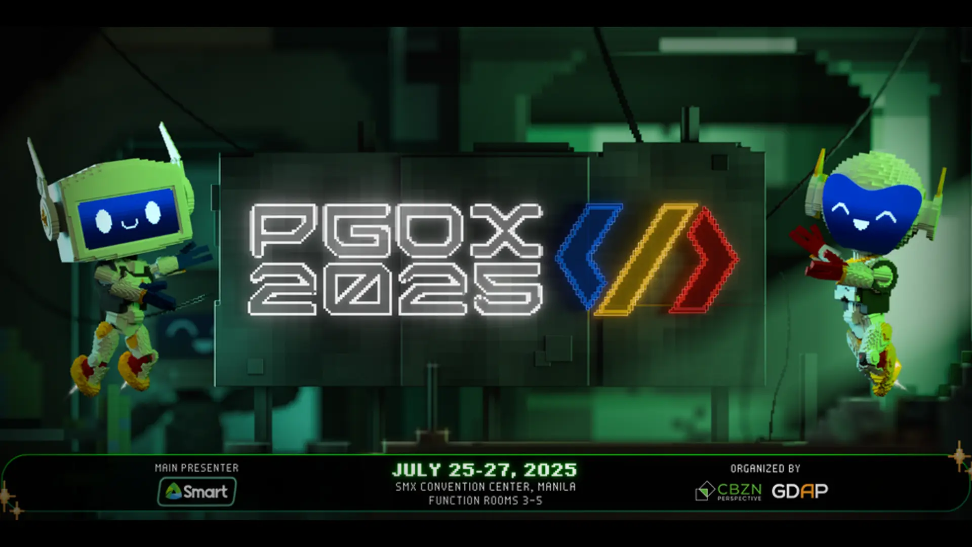 PGOX 2025 promo (July 25-27, Manila): glowing pixel-art logo, two smiling blocky robots, dark green pixelated background, and event details.