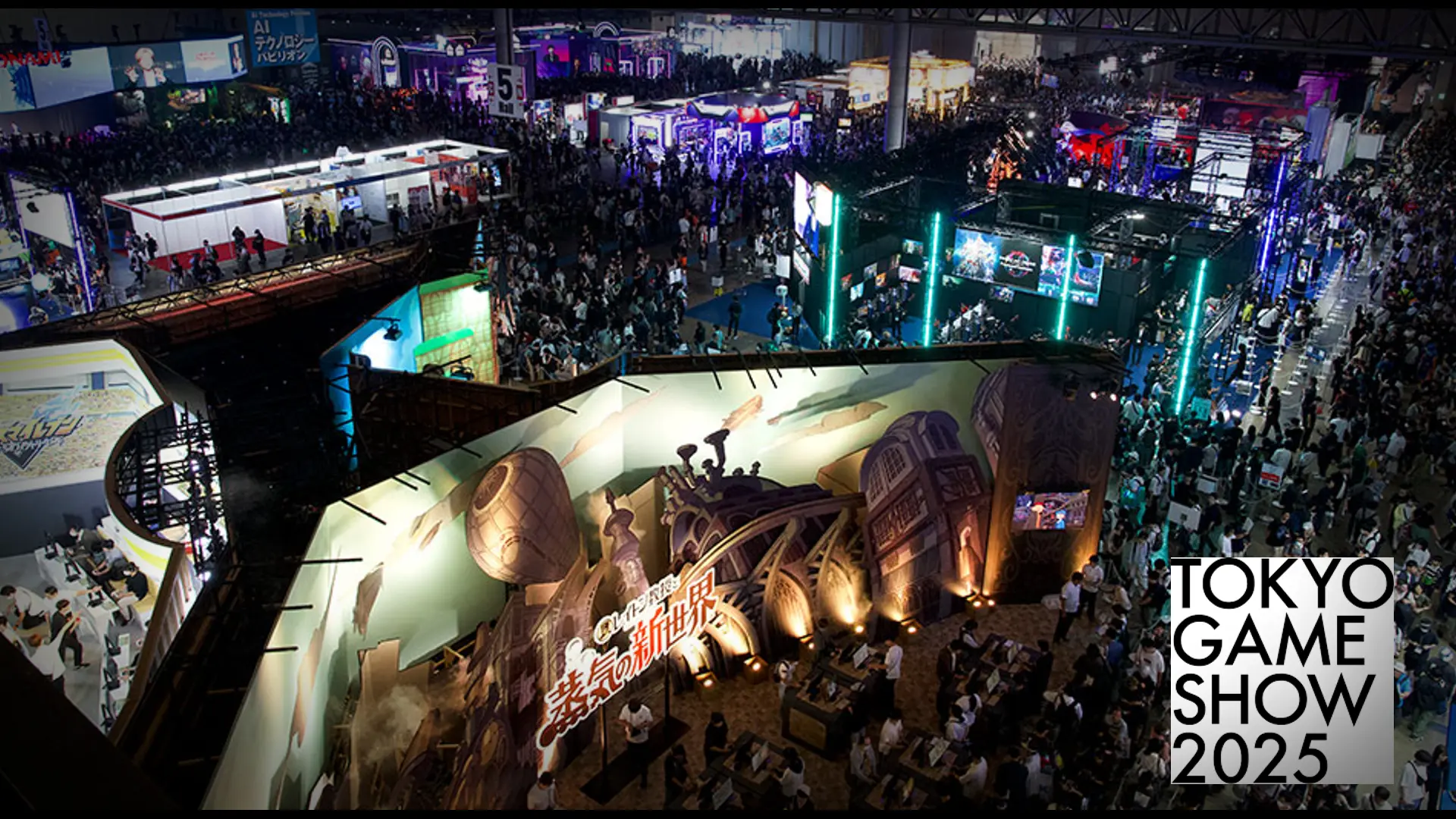 A bustling, brightly lit convention hall at Tokyo Game Show 2025, viewed from above, showcases numerous exhibitor booths and a large, elaborate fantasy-themed display in the foreground.