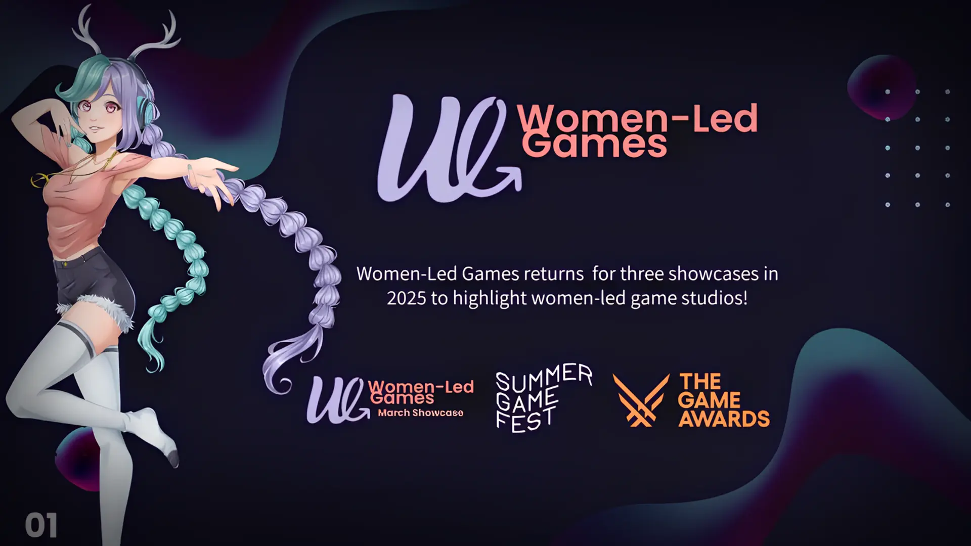 Women-Led Games" returns for three 2025 showcases, announced with an anime character and logos for Women-Led Games, Summer Game Fest, and The Game Awards.