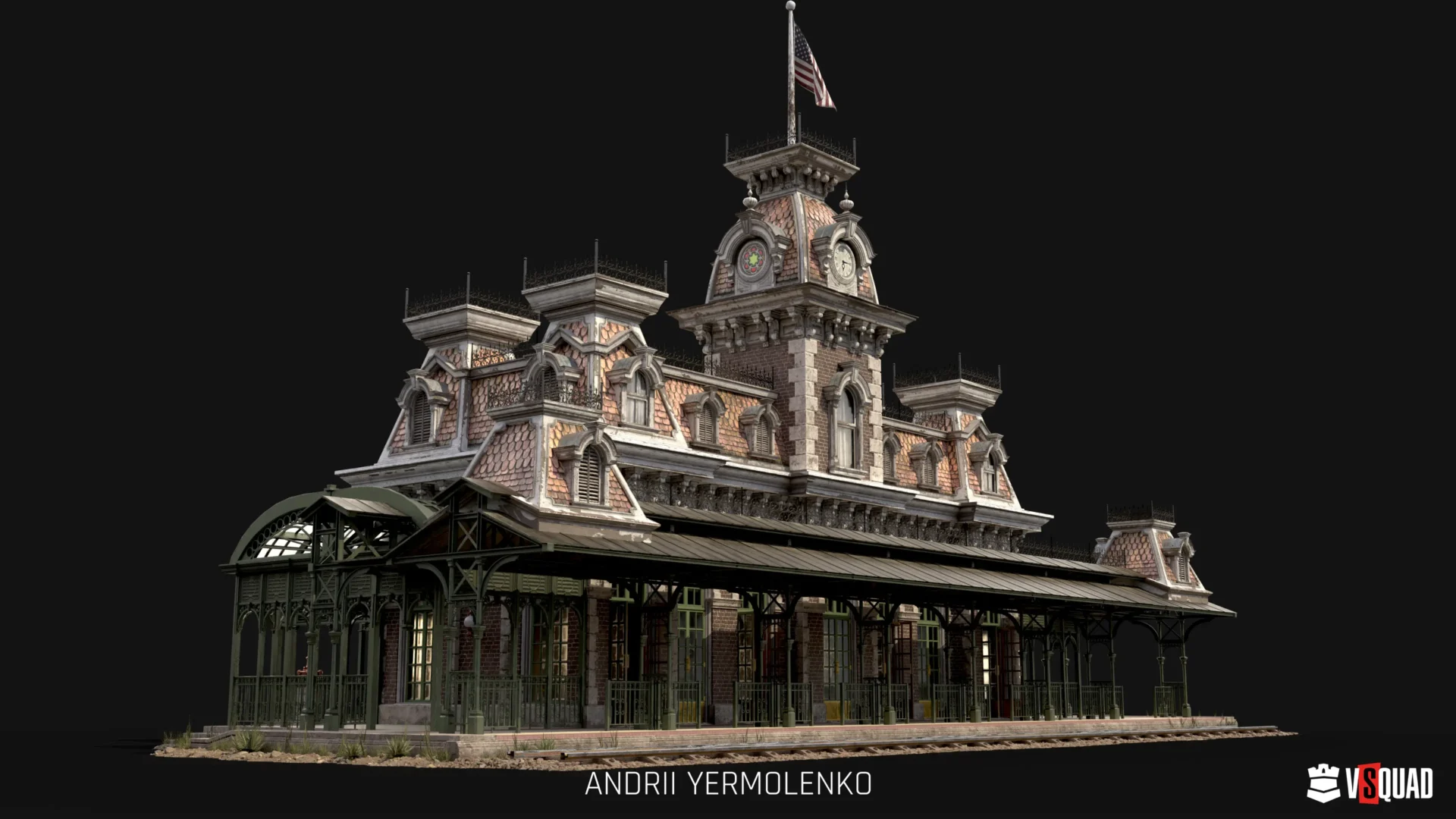 Realistic 3D environment featuring a detailed historic train station with ornate architecture