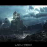 Dark fantasy game environment with ancient ruins and dramatic mountains under stormy, cinematic lighting.