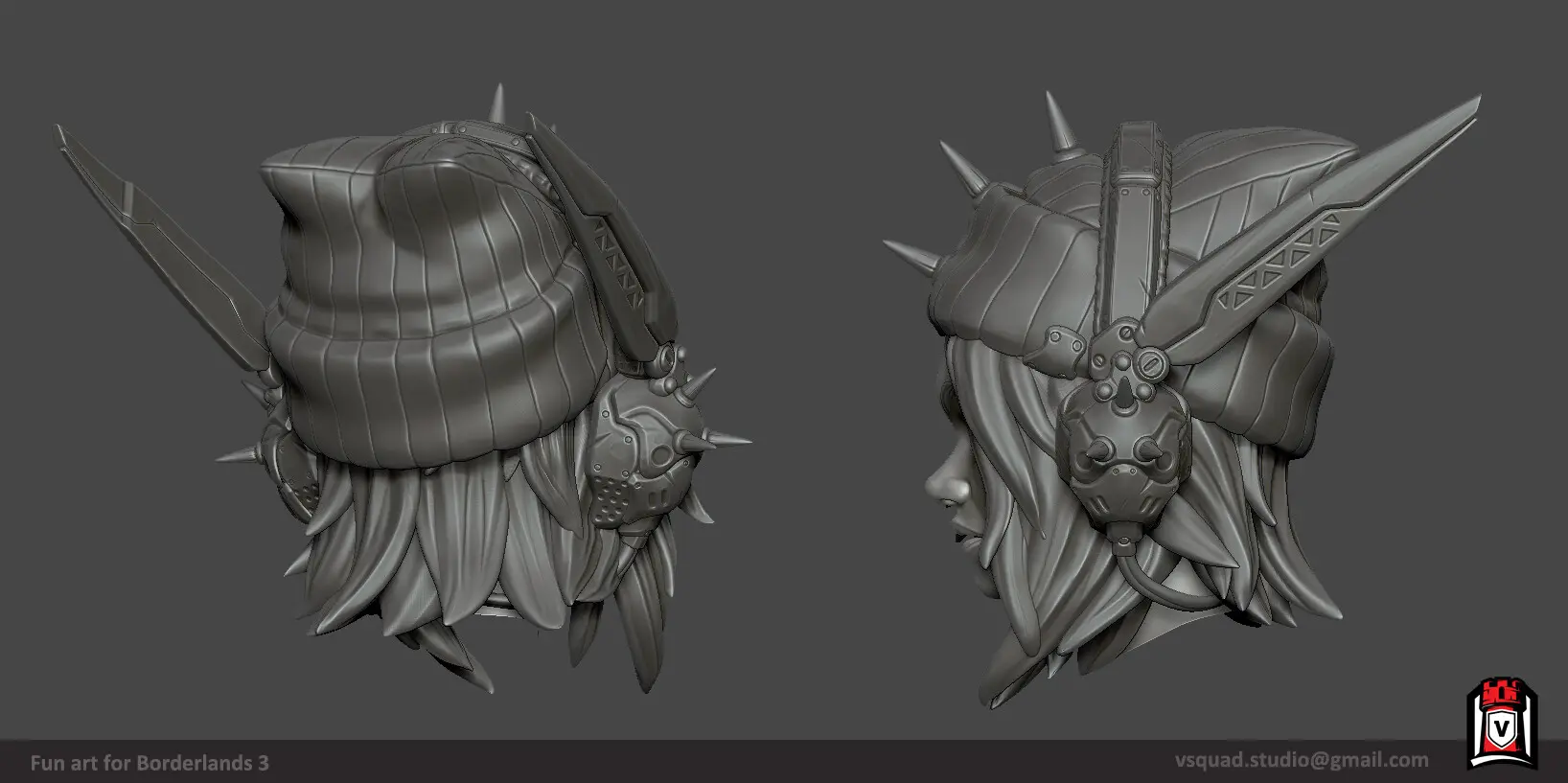 Detailed back and side views of a Borderlands 3D character mesh, showing art style evolution.