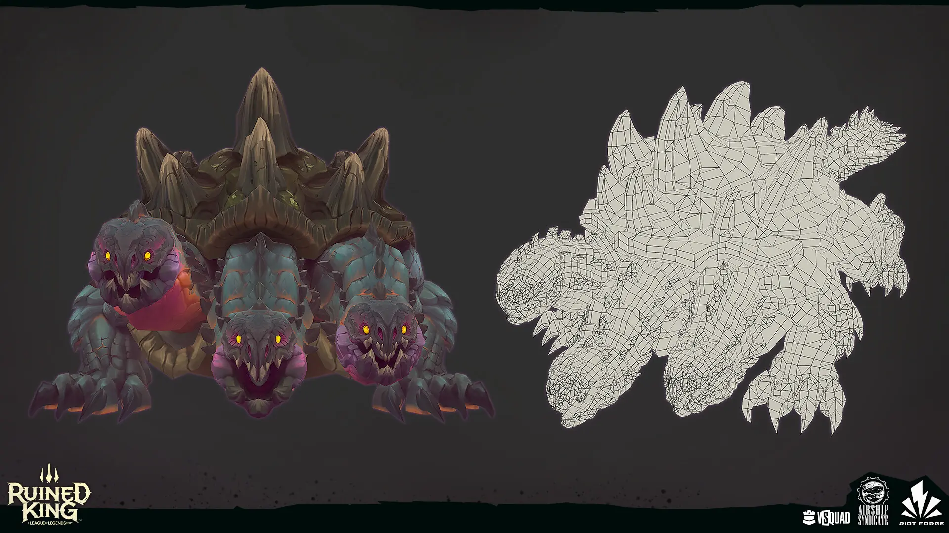 Stylized 3D hydra from Ruined King shown in full color and wireframe, highlighting model details and topology