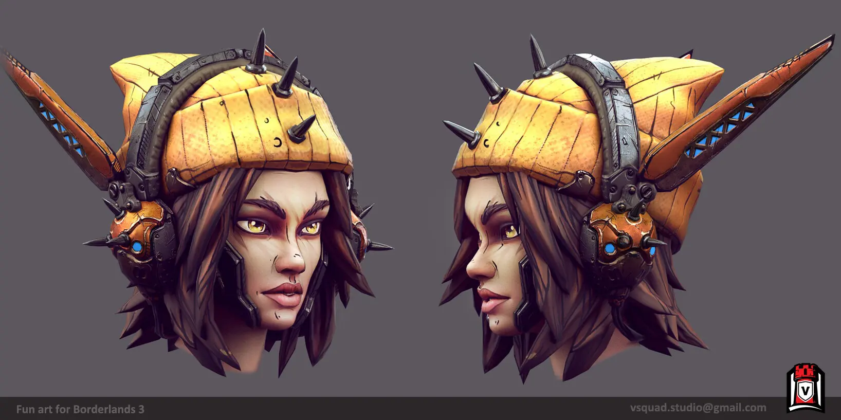VSQUAD Studio 3D character design portfolio showcasing stylized Borderlands-inspired fan art model.