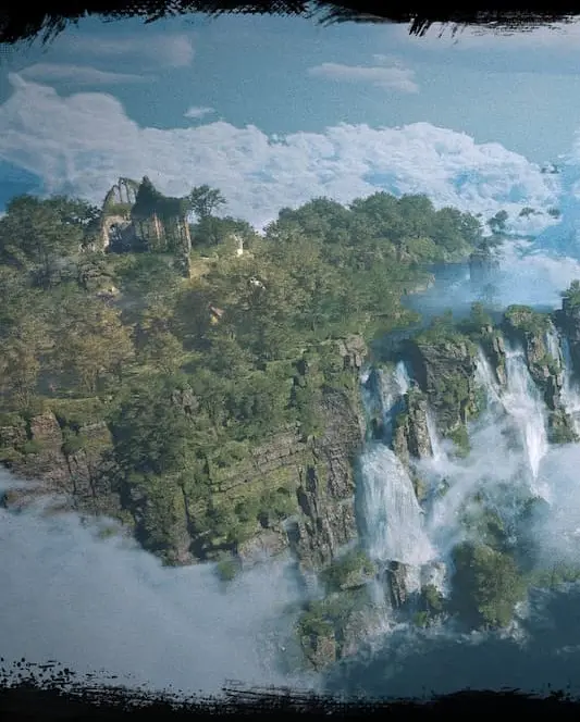 Fantasy floating island environment featuring volumetric cloud effects and a massive waterfall fluid simulation.