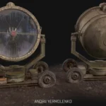 Realistic 3D model of a military searchlight with weathered textures, front and back views for game environments.