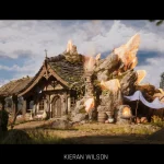 Stylized fantasy cottage with glowing crystal formations, showing detailed world-building for game design.