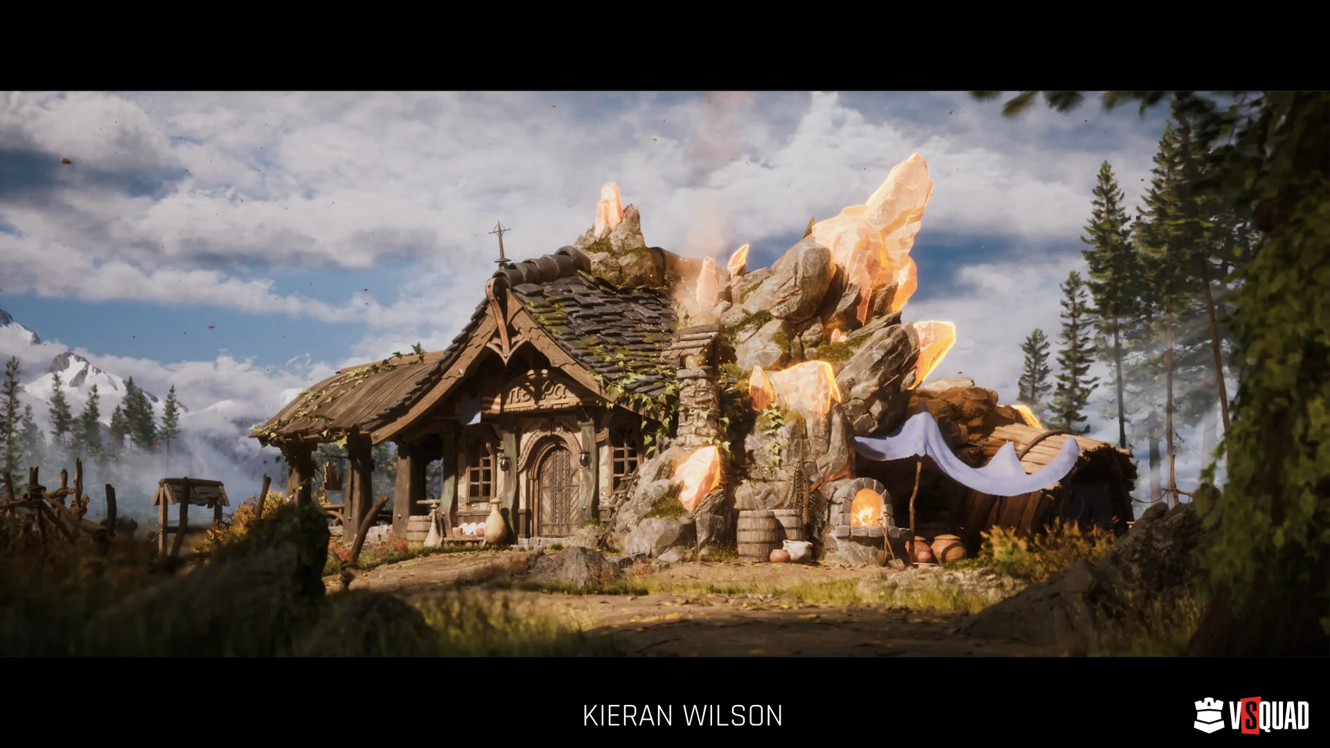Stylized fantasy cottage with glowing crystal formations, showing detailed world-building for game design.