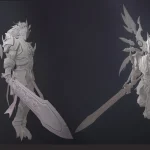 Detailed 3D model of an armored fantasy warrior with large blade wings and a sword, shown from multiple angles