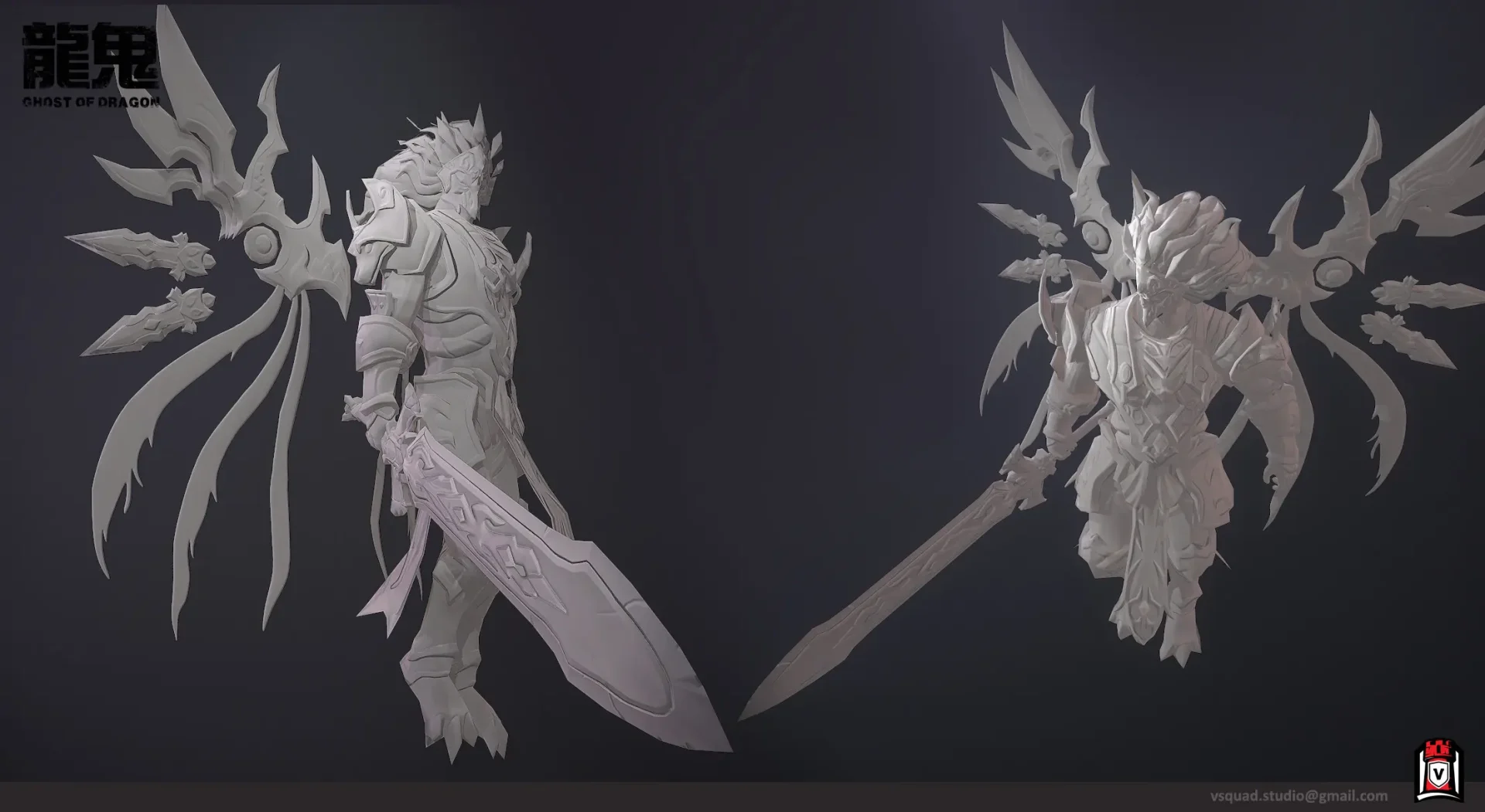 Detailed 3D model of an armored fantasy warrior with large blade wings and a sword, shown from multiple angles