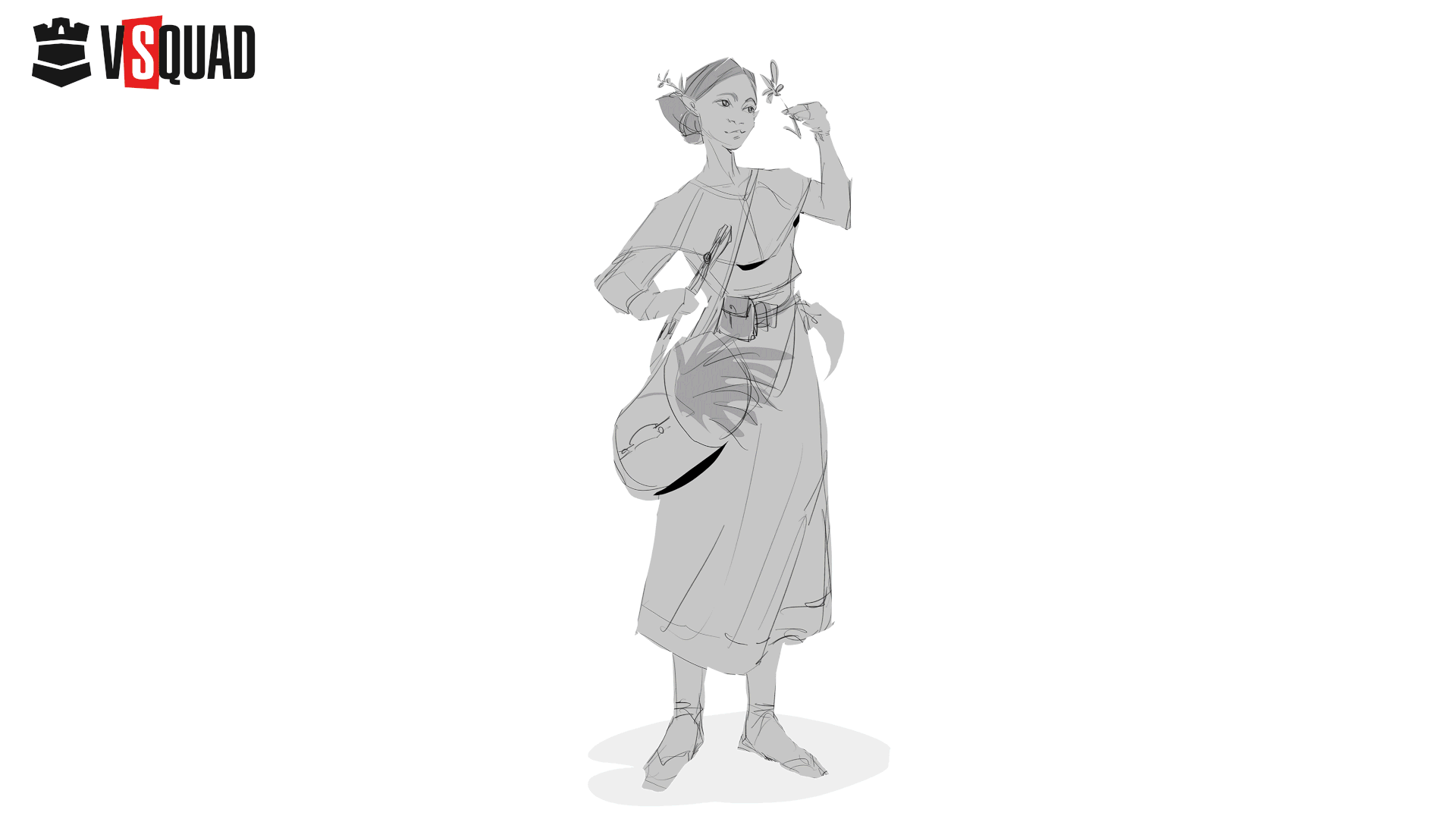 Concept art of a fantasy herbalist character holding a plant and carrying a large satchel, used to illustrate animatic principles