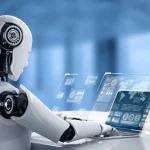 Humanoid robot creating digital visuals on a futuristic screen, symbolizing AI-generated art