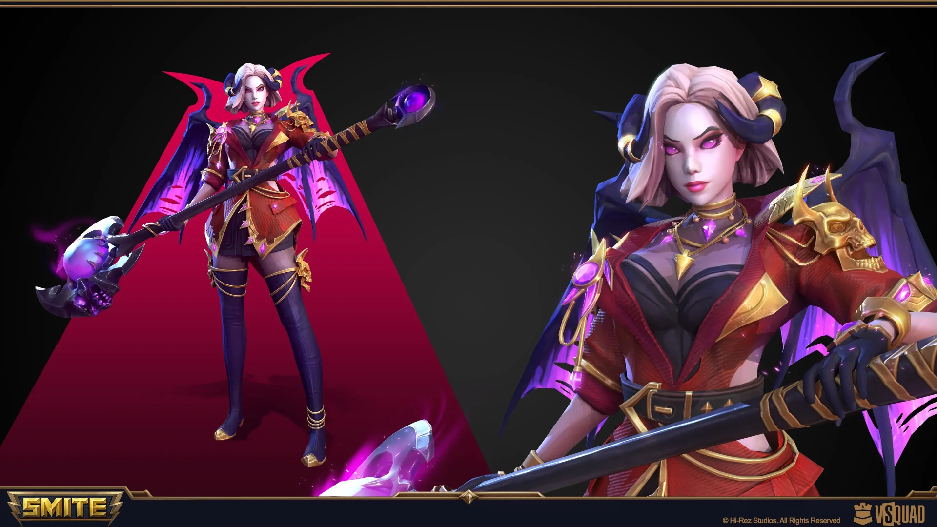 Stylized female character with horns, glowing purple wings, and a magical scythe from SMITE