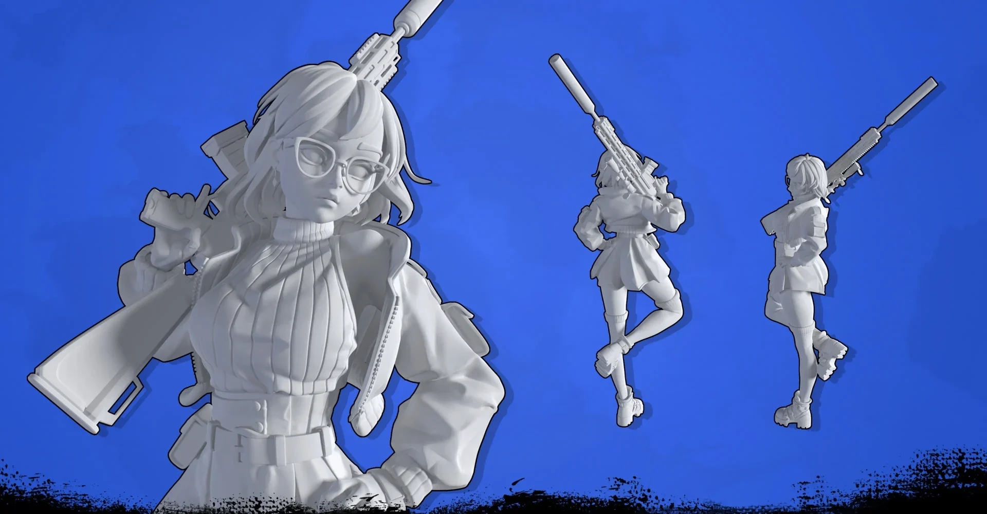 Stylized white 3D model of an anime-style girl with a rifle shown in multiple angles on a blue background