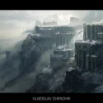 Ancient stone ruins built along a snowy mountain cliff surrounded by fog and dramatic cold light.