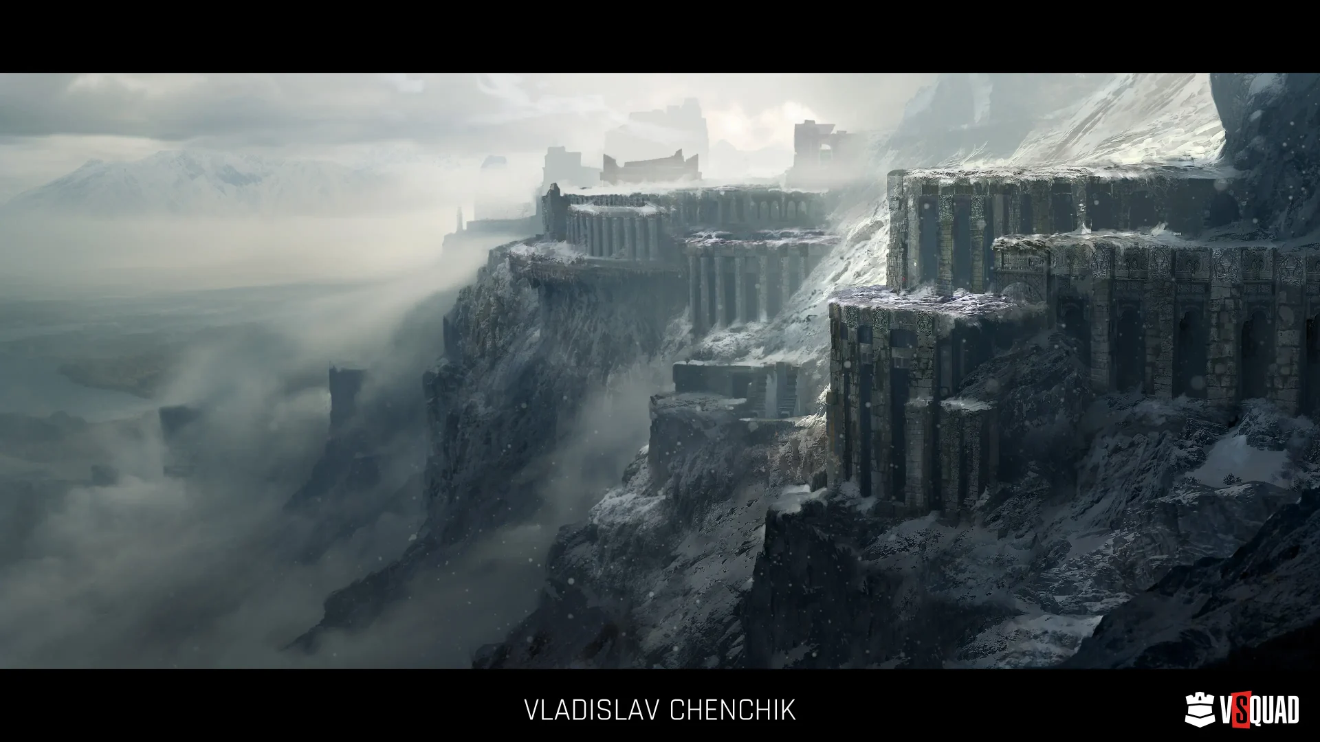 Ancient stone ruins built along a snowy mountain cliff surrounded by fog and dramatic cold light.