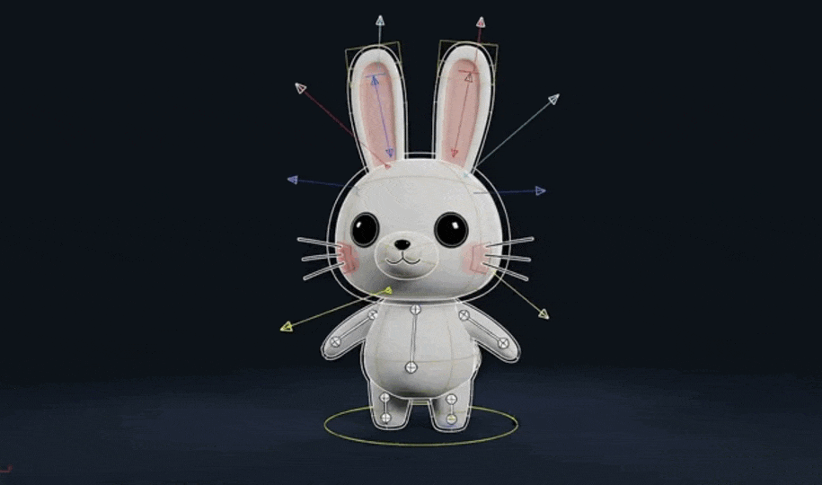 3D bunny character rig demo showing controllers for body, ears, and facial movements used in character rigging basics