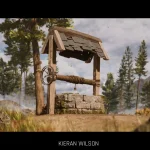 3D environment scene with a rustic stone well, wooden roof, and forest background created in realistic detail
