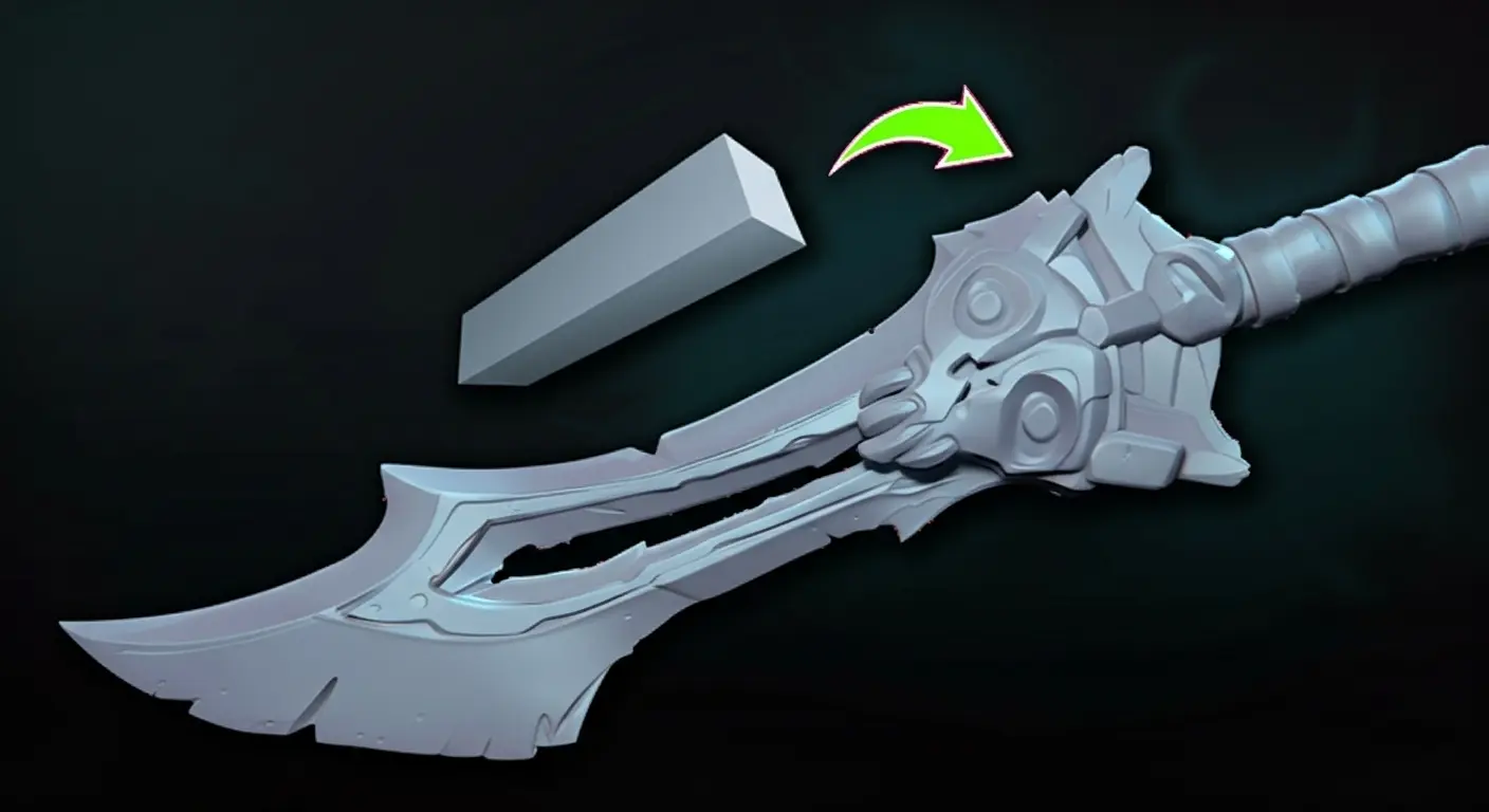 3D sculpting demonstration of a stylized fantasy sword, showing how a simple block is shaped into a detailed weapon model