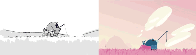 Side-by-side comparison of an animatic sketch and a finished animation scene showing the visual difference between both stages