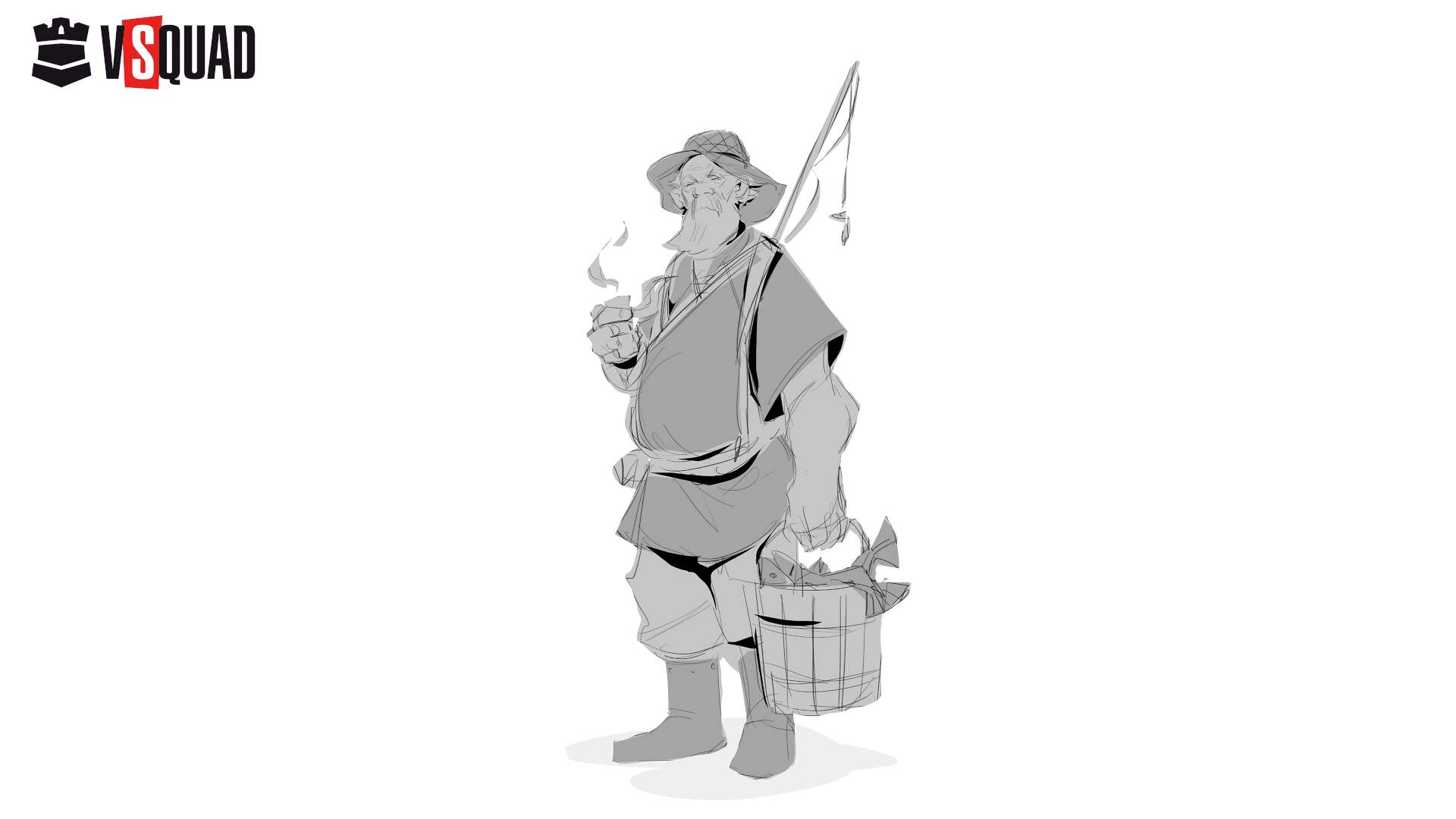 Concept art of an older fisherman holding a basket of fish and a cup, used as an example of character explorations in animatics