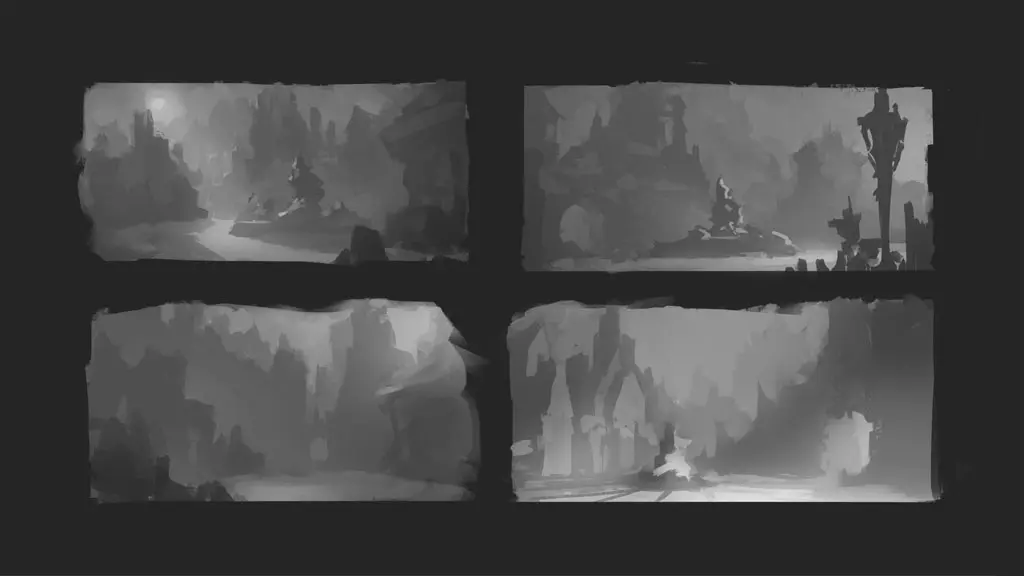 Four grayscale concept art illustration showing atmospheric landscape compositions and lighting studies